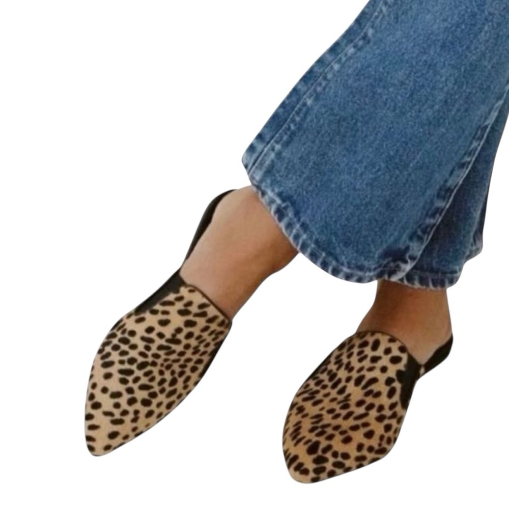Jenni Kayne Cheetah Pony Hair Pointed Toe Flat Mules, Size 38